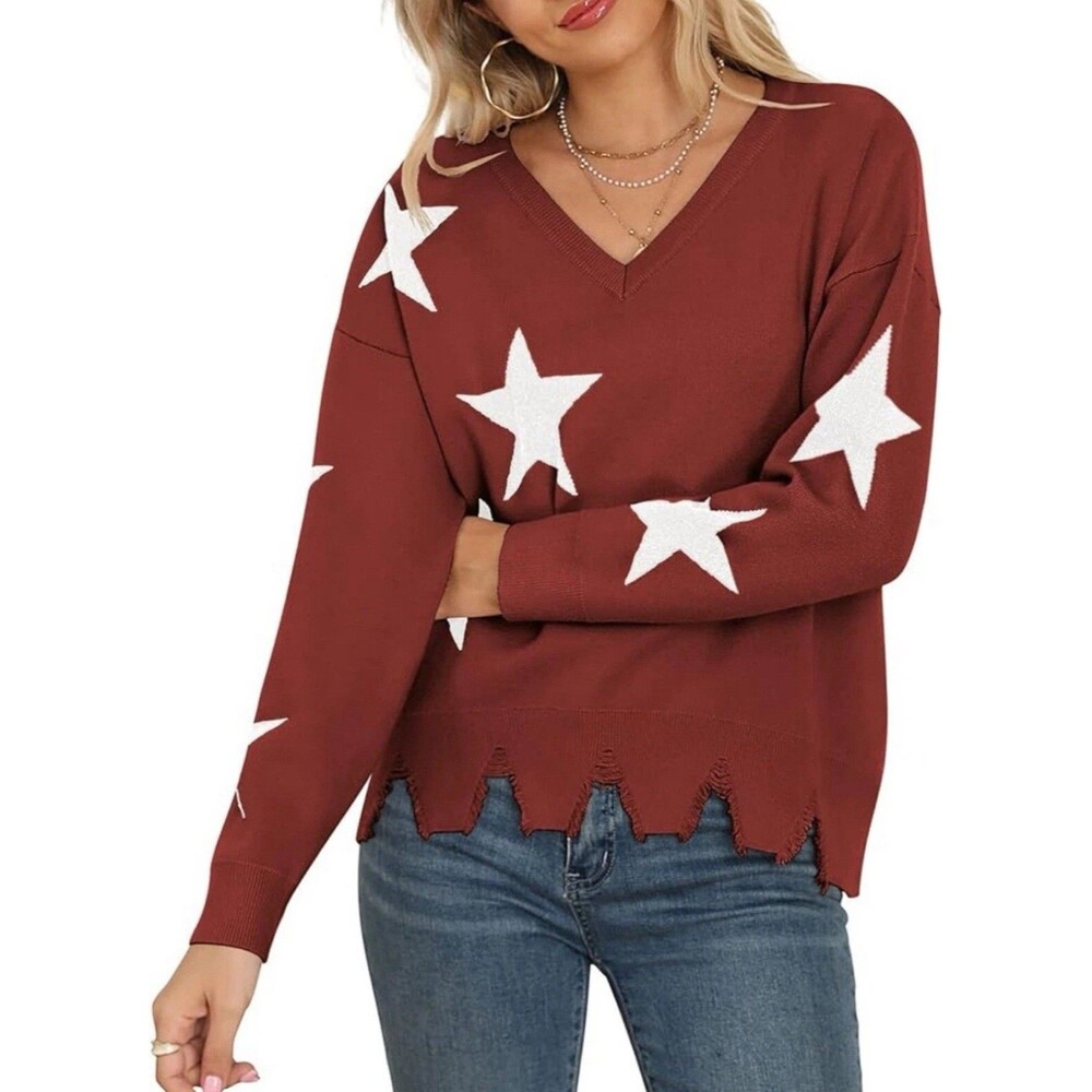 Stylish Star Pattern V-Neck Sweater - Soft, Warm, Distressed- Viishow- M